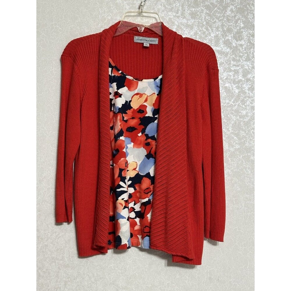 Samantha Grey Red Sweater Cardigan Attached Tank Layered Floral Look‎ Top Sz M